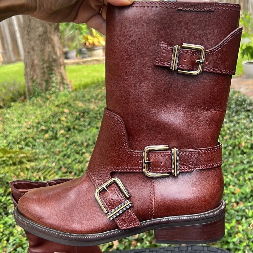 New ▶️ Vince Camuto ◀️  Alicenta Chocolate Brown Mid Calf Moto Women's Boots - Picture 3 of 16